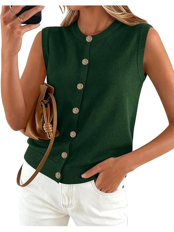 Sweater Vest Women Casual Crewneck Loose Button Down Knit Sleeveless Cardigan Spring Clothes Summer Vest Tops