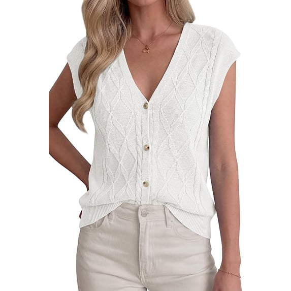 BTFBM Sweater Vest Women V Neck Cap Sleeve Button Down Knit Tops Spring Summer Loose Lightweight Cardigan Vests