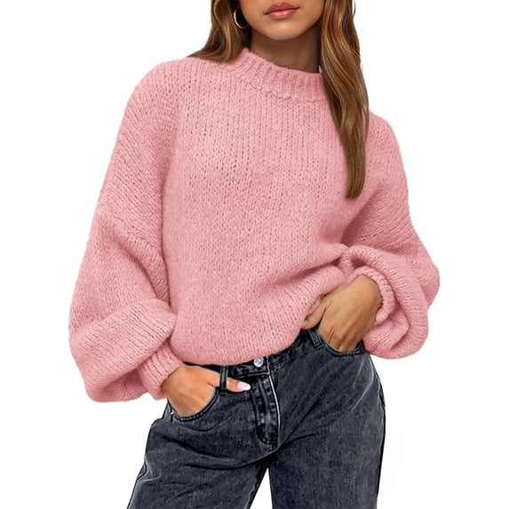 BTFBM Sweaters for Women Fall Crew Neck Lantern Long Sleeve Oversized Sweater Casual Knit Winter Pullover Tops