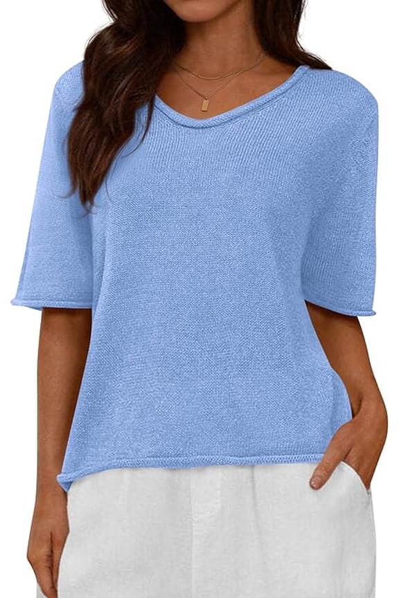 Sweaters for Women Summer Oversized Half Short Sleeve Knitted Pullover V Neck‌ Casual Loose Fit Spring Tops