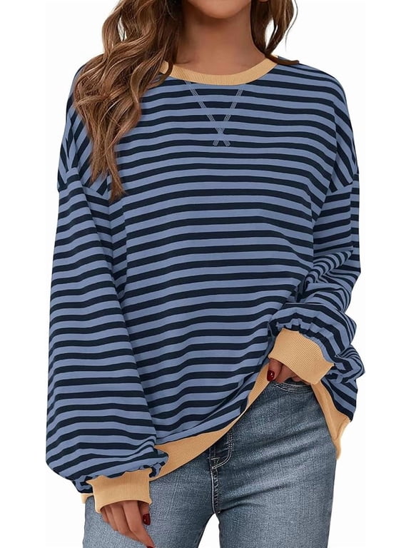 Oversized Sweatshirt For Women Fall Striped Long Sleeve Shirt, Crewneck Sweatshirts, Casual Loose Pullover, Workout Tops, Y2K Clothes, Sport, Vacation Outfits