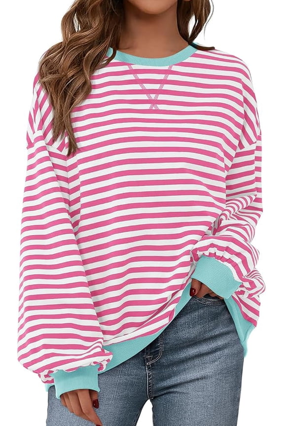 Sweatshirt For Women Summer Crewneck Long Sleeve Oversized Striped Pullover Tops Y2K Clothes Workout Shirt