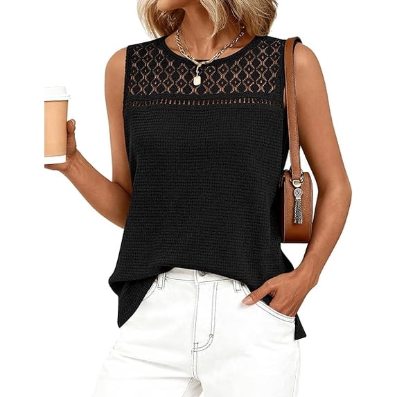 BTFBM Tank Top for Women Sleeveless Shirts Waffle Knit Vest Crew Neck Casual Outfits Loose Blouses Summer Tops