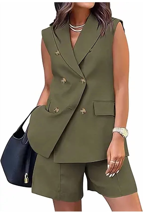 Two Piece Sets For Women Summer Pockets Button Sleeveless Vest And Shorts Spring Work Business Casual Outfits