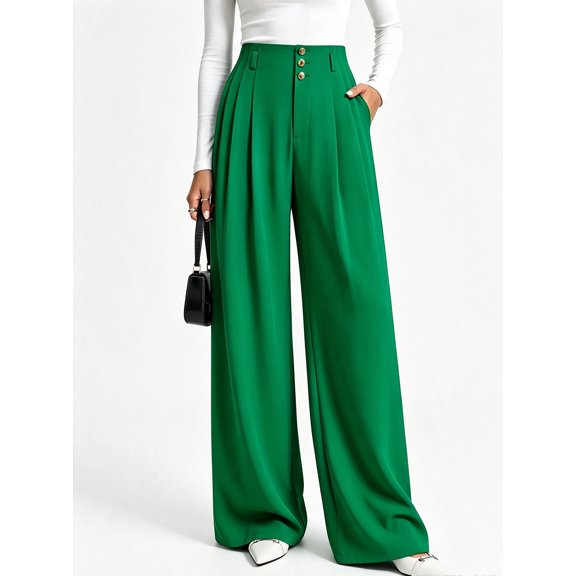 BTFBM Wide Leg Dress Pants Women Business Casual Outfits Elastic High Waisted Palazzo Pants, Button Zip Up Closure, Pleated Office Work Trousers With Pockets, Fall Fashion