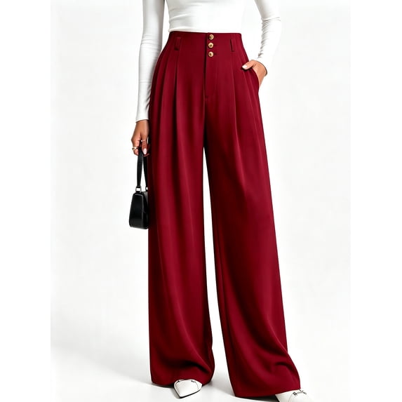 BTFBM Wide Leg Dress Pants Women Business Casual Outfits Elastic High Waisted Palazzo Pants, Button Zip Up Closure, Pleated Office Work Trousers With Pockets, Fall Fashion