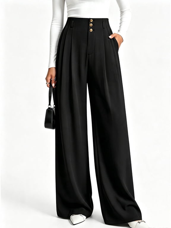 Wide Leg Dress Pants Women Business Casual Outfits Elastic High Waisted Palazzo Pants, Button Zip Up Closure, Pleated Office Work Trousers With Pockets, Fall Fashion