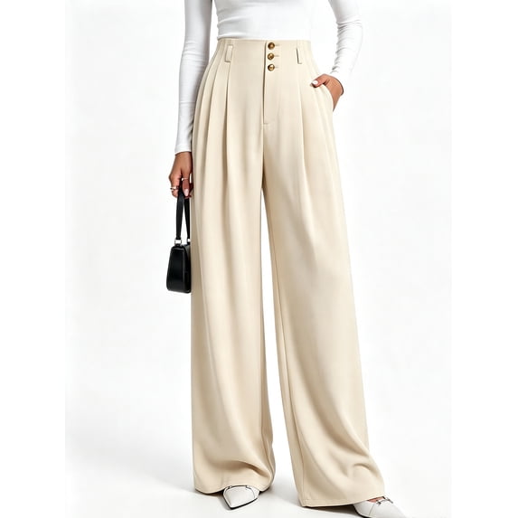 BTFBM Wide Leg Dress Pants Women Business Casual Outfits Elastic High Waisted Palazzo Pants, Button Zip Up Closure, Pleated Office Work Trousers With Pockets, Fall Fashion