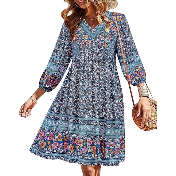 BTFBM Women Casual Spring Summer Dresses V Neck 3/4 Long Sleeve Ruffle Floral Flowy Boho Babydoll Mini Short Beach Dress