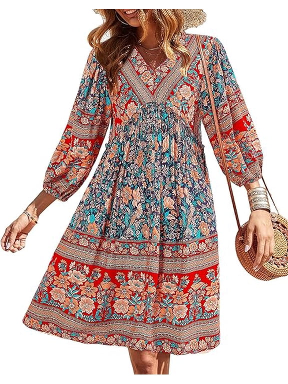 Women Casual Spring Summer Dresses V Neck 3/4 Long Sleeve Ruffle Floral Flowy Boho Babydoll Mini Short Beach Dress
