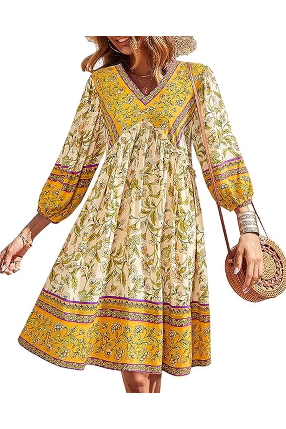 Women Casual Spring Summer Dresses V Neck 3/4 Long Sleeve Ruffle Floral Flowy Boho Babydoll Mini Short Beach Dress