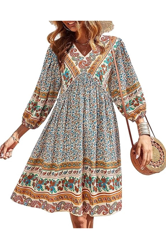 Women Casual Spring Summer Dresses V Neck 3/4 Long Sleeve Ruffle Floral Flowy Boho Babydoll Mini Short Beach Dress