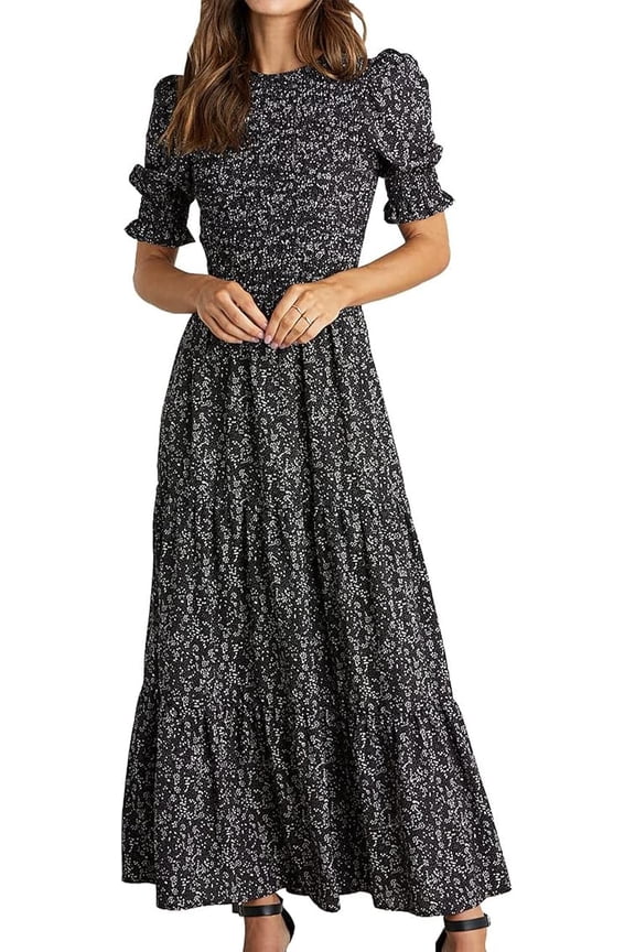 Women Casual Summer Dresses Spring Crew Neck Ruffle Short Sleeve Smocked Floral Boho Flowy Maxi Dress Clothes