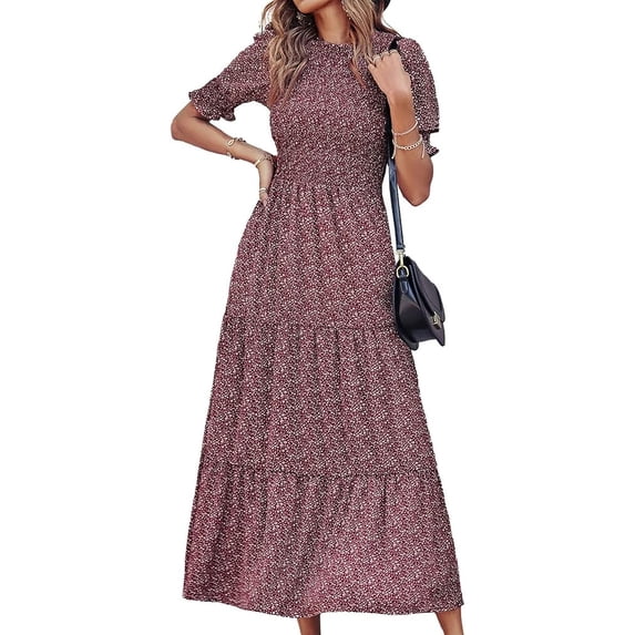 BTFBM Women Casual Summer Dresses Spring Crew Neck Ruffle Short Sleeve Smocked Floral Boho Flowy Maxi Dress Clothes