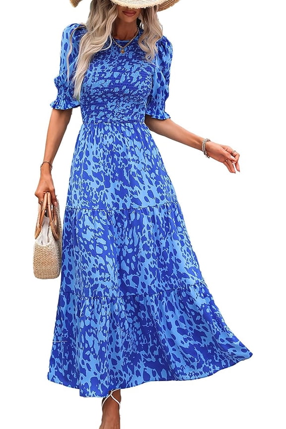 Women Casual Summer Dresses Spring Crew Neck Ruffle Short Sleeve Smocked Floral Boho Flowy Maxi Dress Clothes