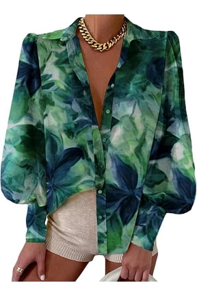 Women Fashion Button Down Shirts V Neck Boho Printed Long Sleeve Blouses Dressy Casual Spring Fall Tops