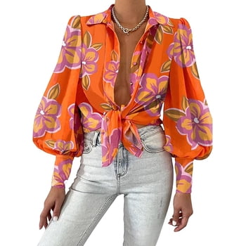 BTFBM Women Fashion Button Down Shirts V Neck Boho Printed Long Sleeve Blouses Dressy Casual Spring Fall Tops