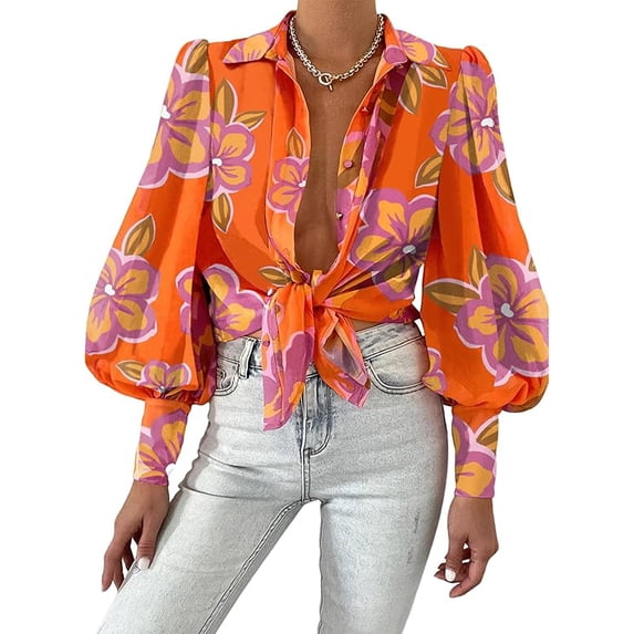 BTFBM Women Fashion Button Down Shirts V Neck Boho Printed Long Sleeve ...