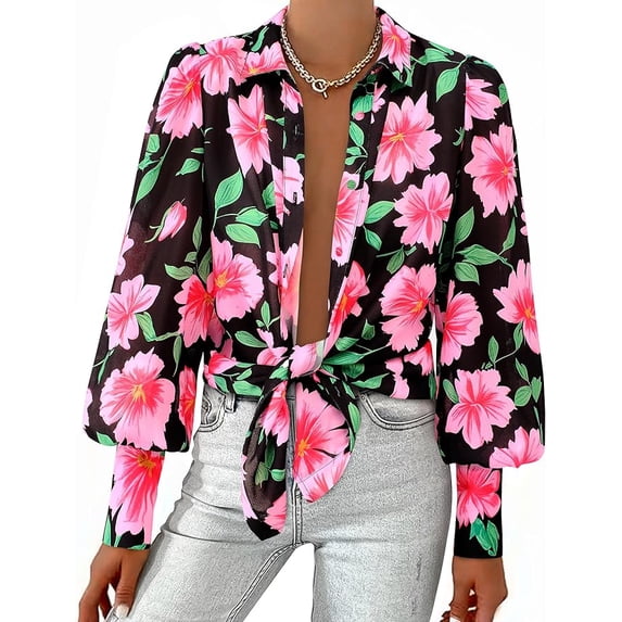 BTFBM Women Fashion Button Down Shirts V Neck Boho Printed Long Sleeve Blouses Dressy Casual Spring Fall Tops