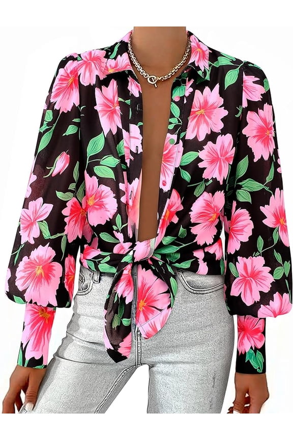 Women Fashion Button Down Shirts V Neck Boho Printed Long Sleeve Blouses Dressy Casual Spring Fall Tops