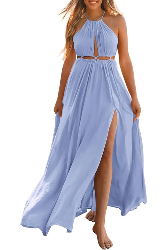 Women Halter Summer Dresses Sleeveless Cutout Backless Sundress Slit Boho Maxi Beach Wedding Guest Dress