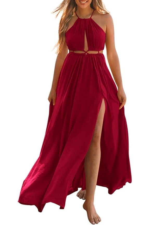 Women Halter Summer Dresses Sleeveless Cutout Backless Sundress Slit Boho Maxi Beach Wedding Guest Dress