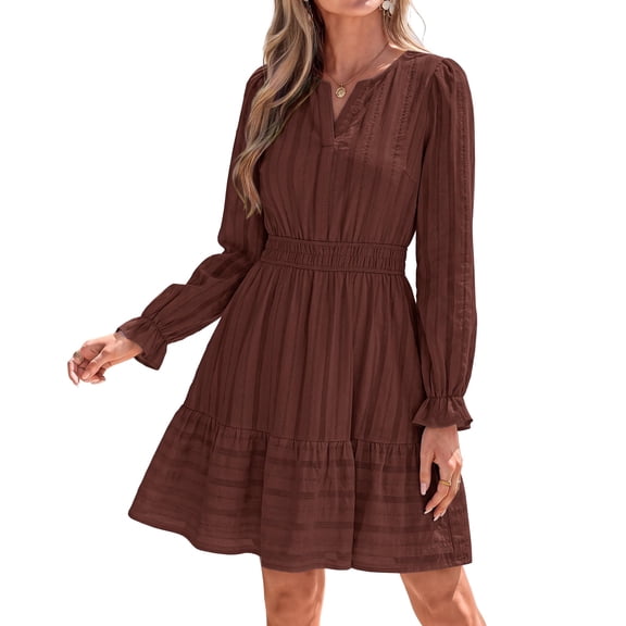 BTFBM Women Long Sleeve Flowy A Line Mini Fall Dress V Neck Puff Cuffs Elastic Waist Tiered Ruffle, Lightweight Small Hollow Out, Cute Casual Boho, Party Wedding Guest Dresses