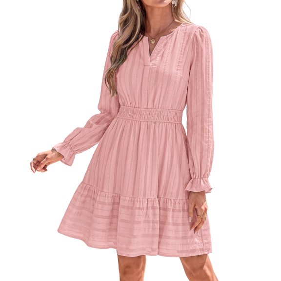 BTFBM Women Long Sleeve Flowy A Line Mini Fall Dress V Neck Puff Cuffs Elastic Waist Tiered Ruffle, Lightweight Small Hollow Out, Cute Casual Boho, Party Wedding Guest Dresses