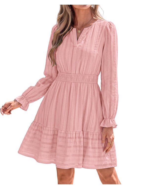 Women Long Sleeve Flowy A Line Mini Fall Dress V Neck Puff Cuffs Elastic Waist Tiered Ruffle, Lightweight Small Hollow Out, Cute Casual Boho, Party Wedding Guest Dresses