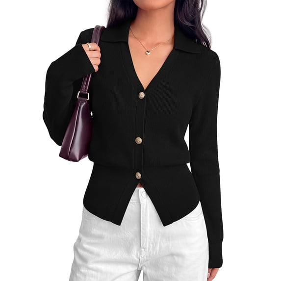 BTFBM Women Long Sleeve Lightweight Cardigans Knitted Button Down Shirts Lapel V Neck, Cropped Sweaters, Slim Fit, Ribbed, Y2K Going Out Tops, Business Casual Outfits, Spring, Fall, Winter Layering