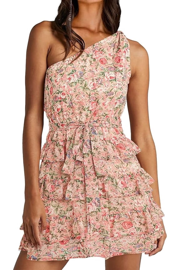 Women One Shoulder Summer Dresses Floral Sundress High Waist Flowy Mini Beach Spring Wedding Guest Dress