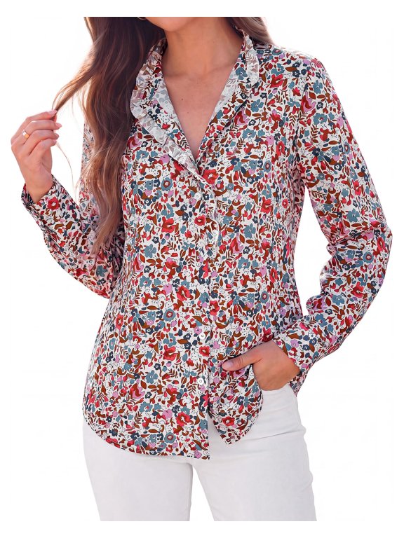 Women Puff Long Sleeve Shirts Ruffle Collar Floral Boho Tops Ruffle V Neck Tops,Smocked Cuffs Shirt,Button Down Work Blouses Dressy Casual,Business Casual Outfits,Early Fall Fashion