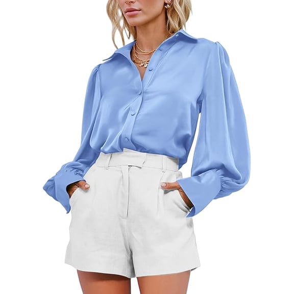 BTFBM Women Satin Blouses Summer Fall Clothes Button Down Lantern Long Sleeve Shirts Work Business Casual Dressy Tops