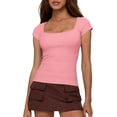thumbnail image 1 of BTFBM Women Short Sleeve Tops Square Neck Ribbed Knit Basic Tee Shirt Y2K Casual Summer Clothes Spring Outfits, 1 of 8