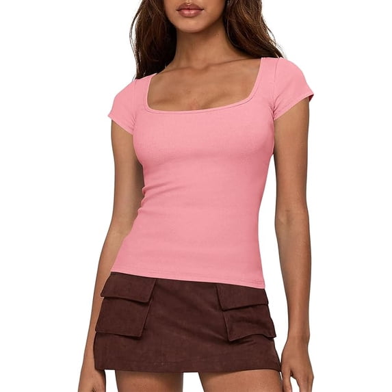 BTFBM Women Short Sleeve Tops Square Neck Ribbed Knit Basic Tee Shirt Y2K Casual Summer Clothes Spring Outfits