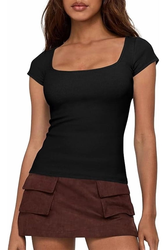 Women Short Sleeve Tops Square Neck Ribbed Knit Basic Tee Shirt Y2K Casual Summer Clothes Spring Outfits