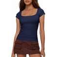 thumbnail image 1 of BTFBM Women Short Sleeve Tops Square Neck Ribbed Knit Basic Tee Shirt Y2K Casual Summer Clothes Spring Outfits, 1 of 8