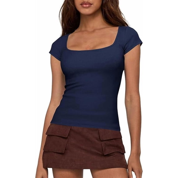 BTFBM Women Short Sleeve Tops Square Neck Ribbed Knit Basic Tee Shirt Y2K Casual Summer Clothes Spring Outfits
