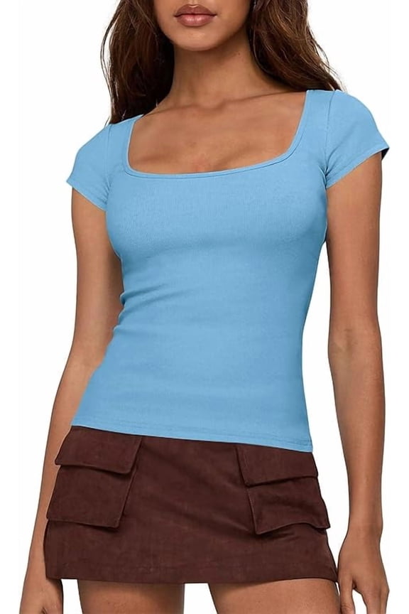 Women Short Sleeve Tops Square Neck Ribbed Knit Basic Tee Shirt Y2K Casual Summer Clothes Spring Outfits