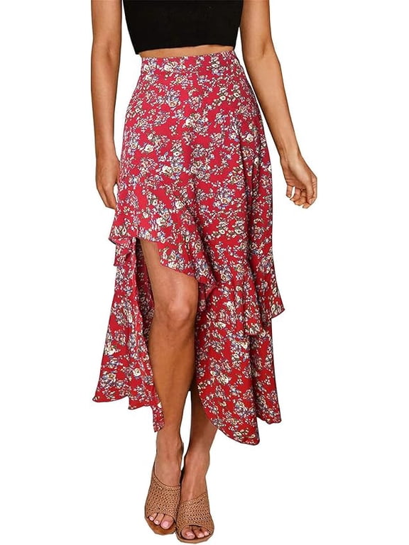 Women Spring Summer Long Skirts Dress Boho Floral Elastic Waist Split Ruffle High Low Beach Maxi Skirt Clothes