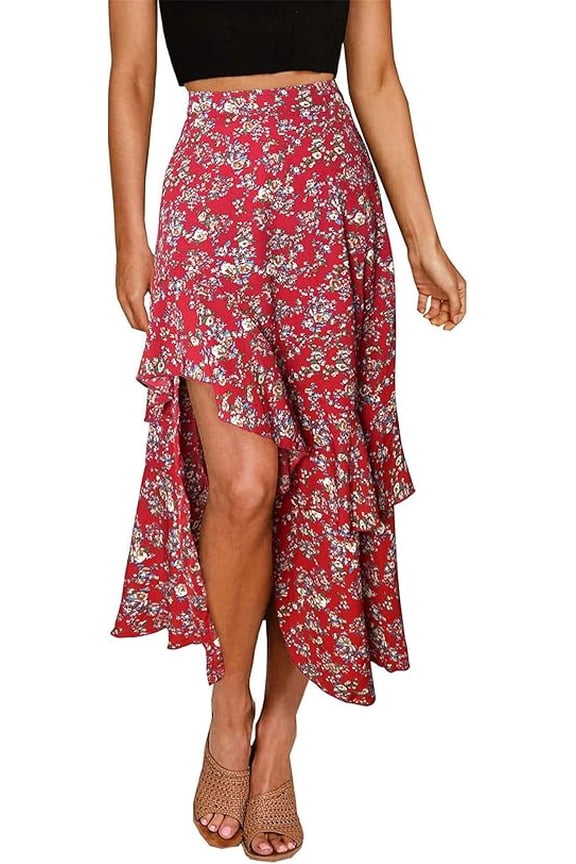Women Spring Summer Long Skirts Dress Boho Floral Elastic Waist Split Ruffle High Low Beach Maxi Skirt Clothes