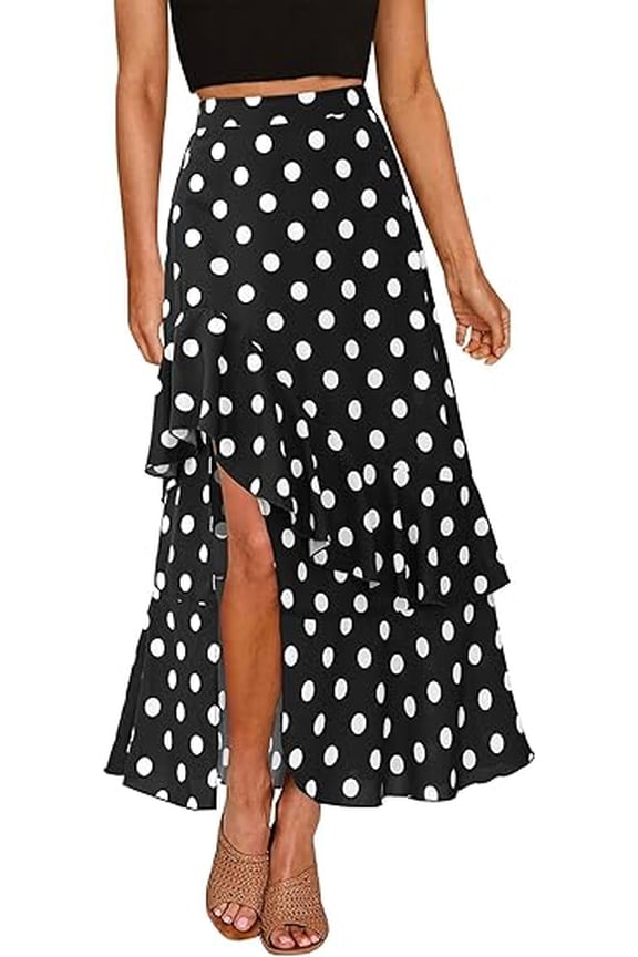 Women Spring Summer Long Skirts Dress Boho Floral Elastic Waist Split Ruffle High Low Beach Maxi Skirt Clothes