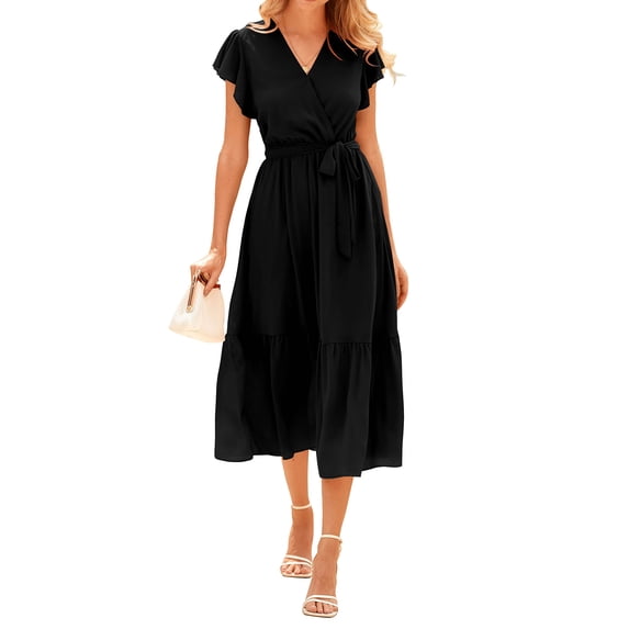 BTFBM Women Summer Casual Wrap V Neck Ruffle Cap Sleeve Belted Midi Dress Fall Swiss Dots A-line Long Wedding Guest Dresses,Elegant Floral Boho Sundress With Pockets,Spring Beach Vacation Clothes