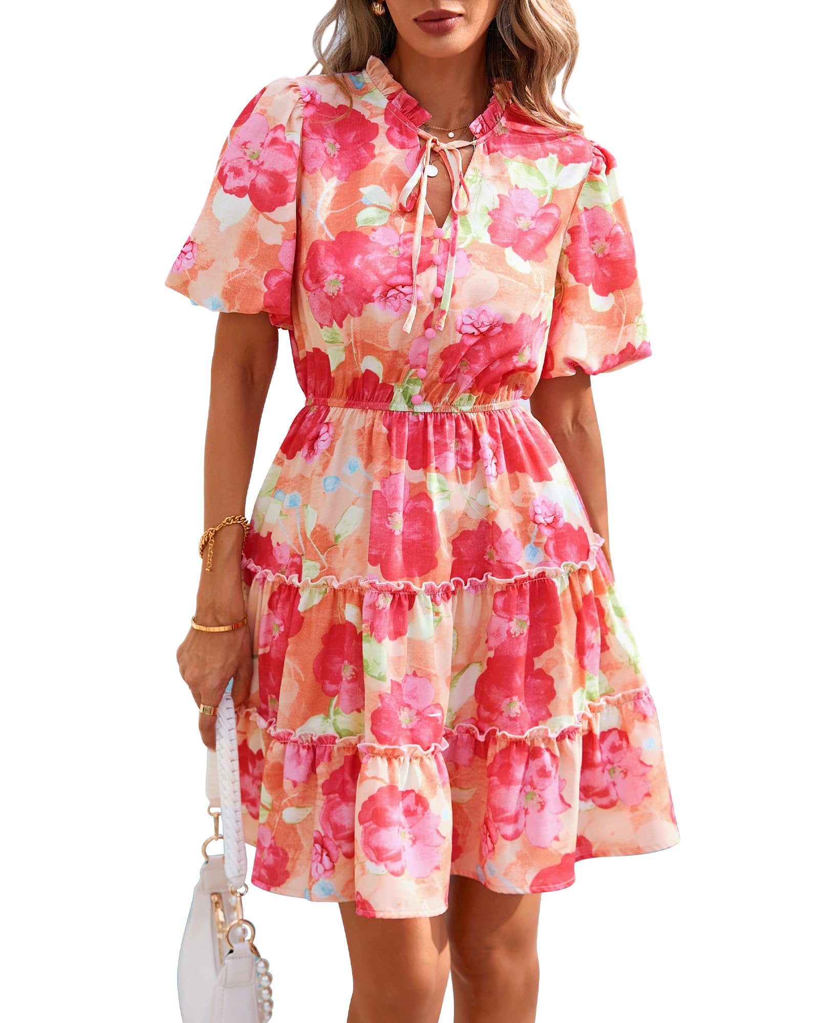 BTFBM Women Summer Floral Short Dresses V Neck Short Sleeve Tiered Ruffle Boho Swing Dress A-Line Mini Dresses