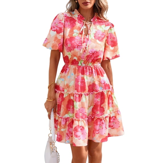 BTFBM Women Summer Floral Short Dresses V Neck Short Sleeve Tiered Ruffle Boho Swing Dress A-Line Mini Dresses