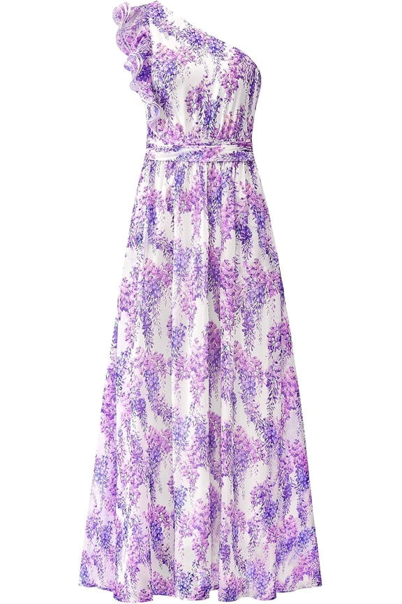 Women Summer One Shoulder Floral Wedding Guest Dresses Sleeveless Smocked Ruffle Flowy Beach Vacation Maxi Dress