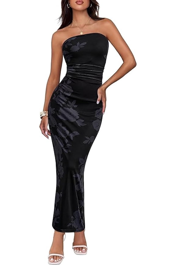 Women Summer Strapless Maxi Dress Bodycon Floral Long Wedding Guest Dress Formal Tube Mesh Cocktail Dresses