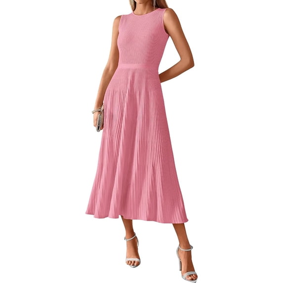 BTFBM Women Tank Midi Dress Summer Crewneck Sleeveless Pleated A Line Business Casual Formal Sweater Spring Dresses