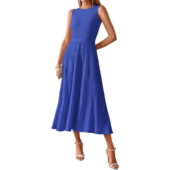 BTFBM Women Tank Midi Dress Summer Crewneck Sleeveless Pleated A Line Business Casual Formal Sweater Spring Dresses