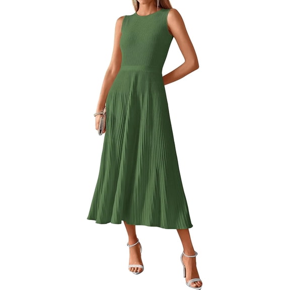 BTFBM Women Tank Midi Dress Summer Crewneck Sleeveless Pleated A Line Business Casual Formal Sweater Spring Dresses